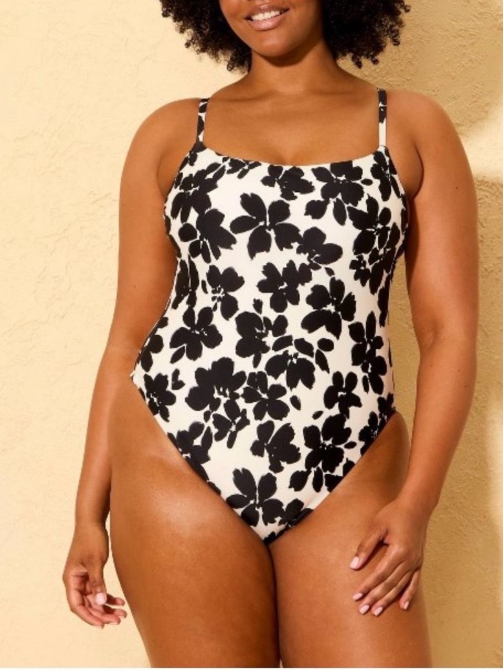 Shade & Shore Black and White Floral One-Piece Swimsuit with Adjustable Straps
